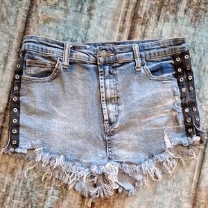Forever 21 Blue and Black Jean Shorts with Frayed Hem. Size L